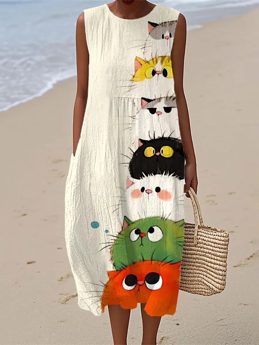 Zoe | Cute Cat Art Print Midi Dress Local Neighbours Sedona