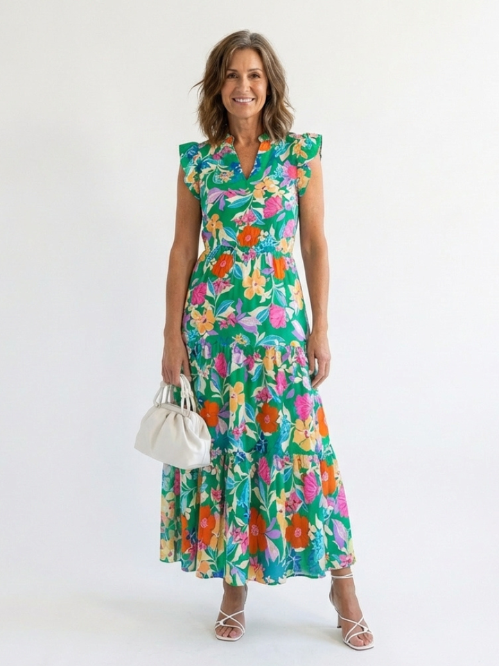 LILA | FLORAL V-NECK TIERED MIDI DRESS