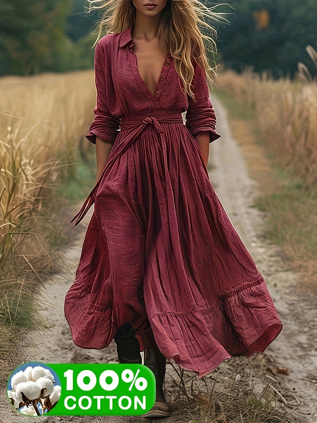 LN1604 Nieuwe Zomer Effen Kleur Puur Lange Mouw Knoopsluiting Kraag Vintage Vakantie Dames Lange Shirt Jurk