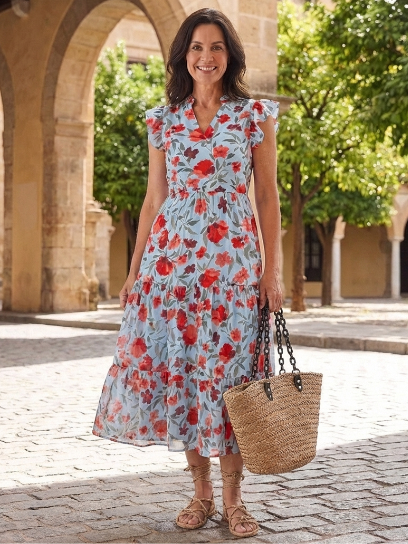 LILA | FLORAL V-NECK TIERED MIDI DRESS