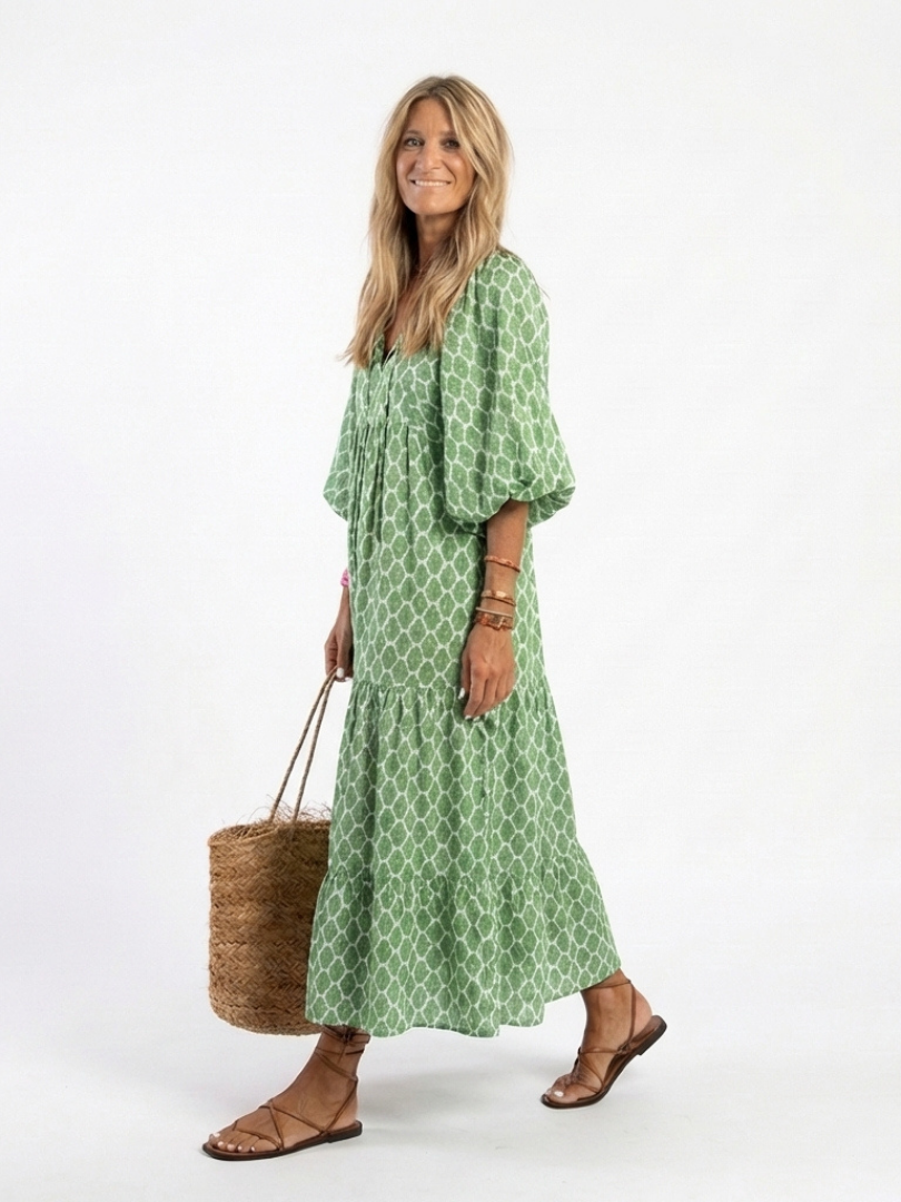Apolline | Three Quarter Sleeve V Neck Patterned Midi Dress Local Neighbours Sedona