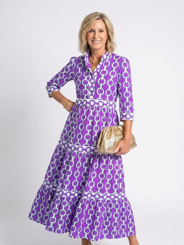 Ysolde | Three Quarter Sleeve Chain Pattern Midi Dress Local Neighbours Sedona