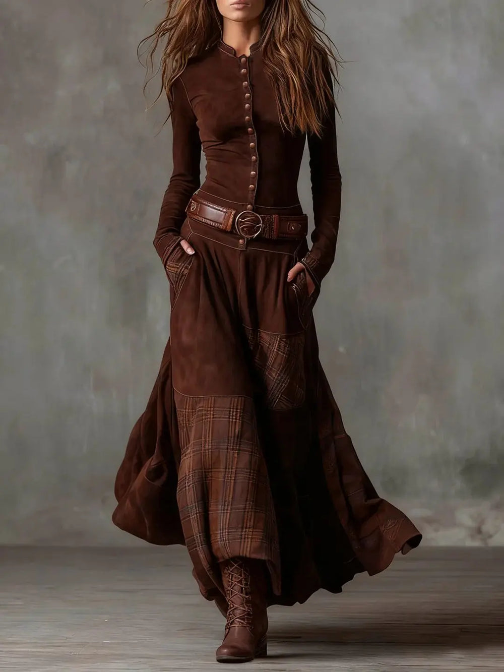 Leonora | Vintage Long Dress in Navy Blue Suede Check (Includes Belt) Clara Monroe