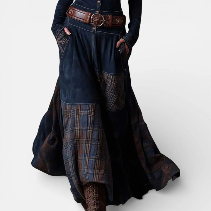 Leonora | Vintage Long Dress in Navy Blue Suede Check (Includes Belt) Clara Monroe