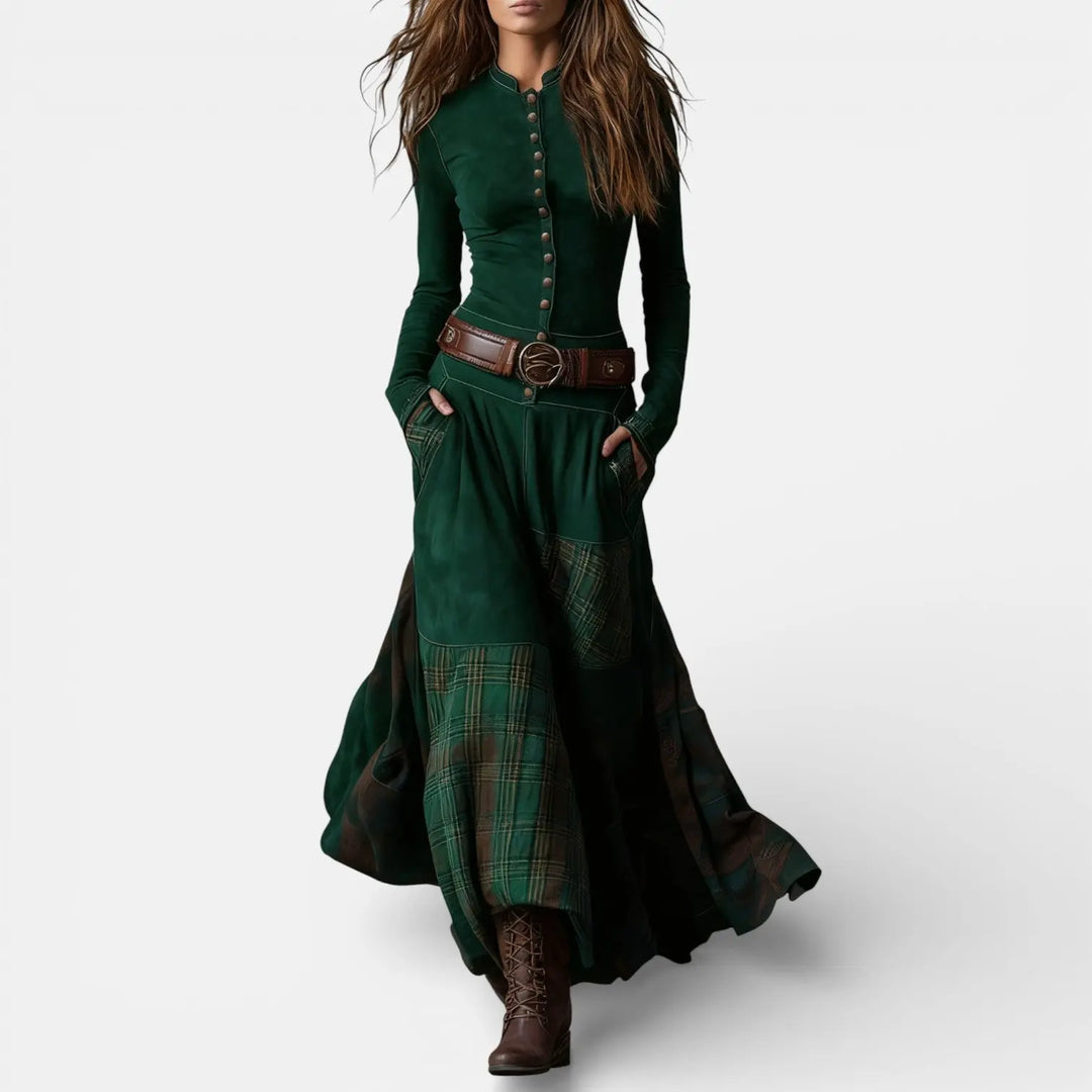 Leonora | Vintage Long Dress in Navy Blue Suede Check (Includes Belt) Clara Monroe