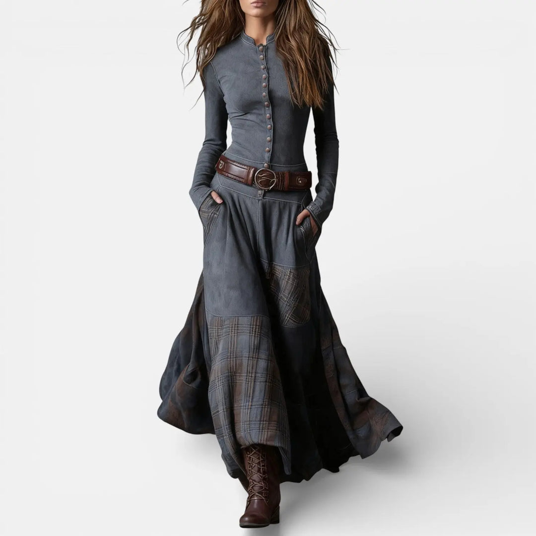 Leonora | Vintage Long Dress in Navy Blue Suede Check (Includes Belt) Clara Monroe