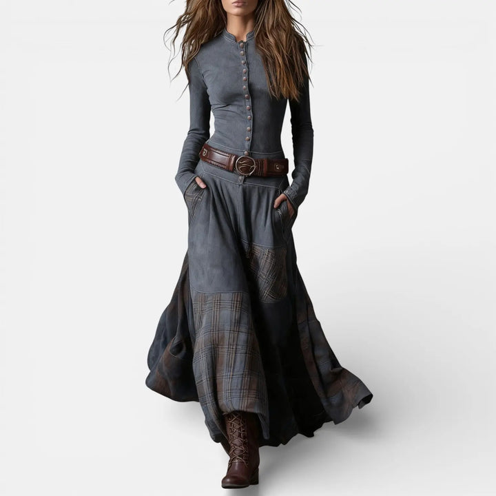 Leonora | Vintage Long Dress in Navy Blue Suede Check (Includes Belt) Clara Monroe