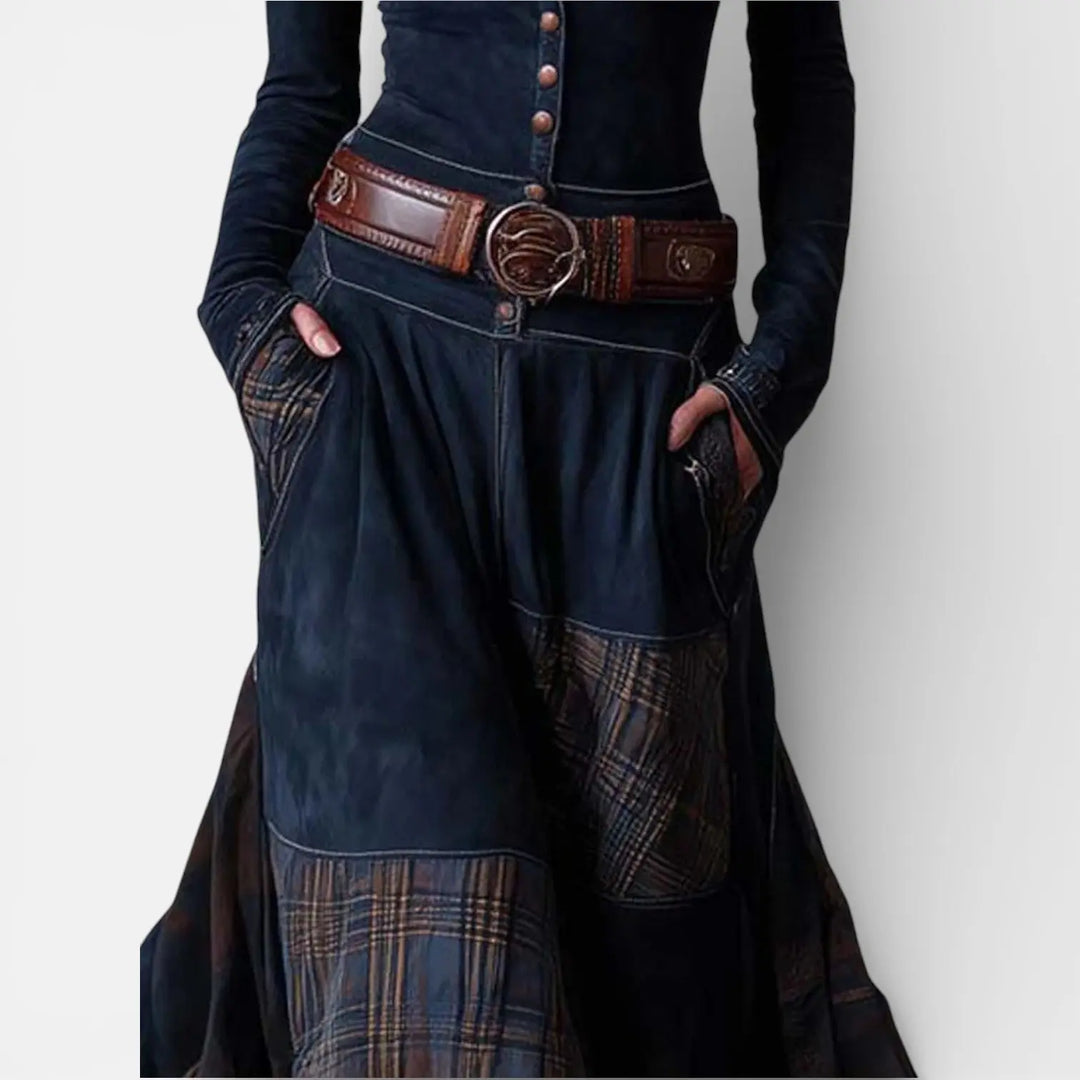 Leonora | Vintage Long Dress in Navy Blue Suede Check (Includes Belt) Clara Monroe