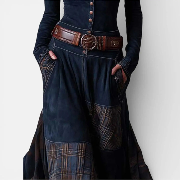 Leonora | Vintage Long Dress in Navy Blue Suede Check (Includes Belt) Clara Monroe
