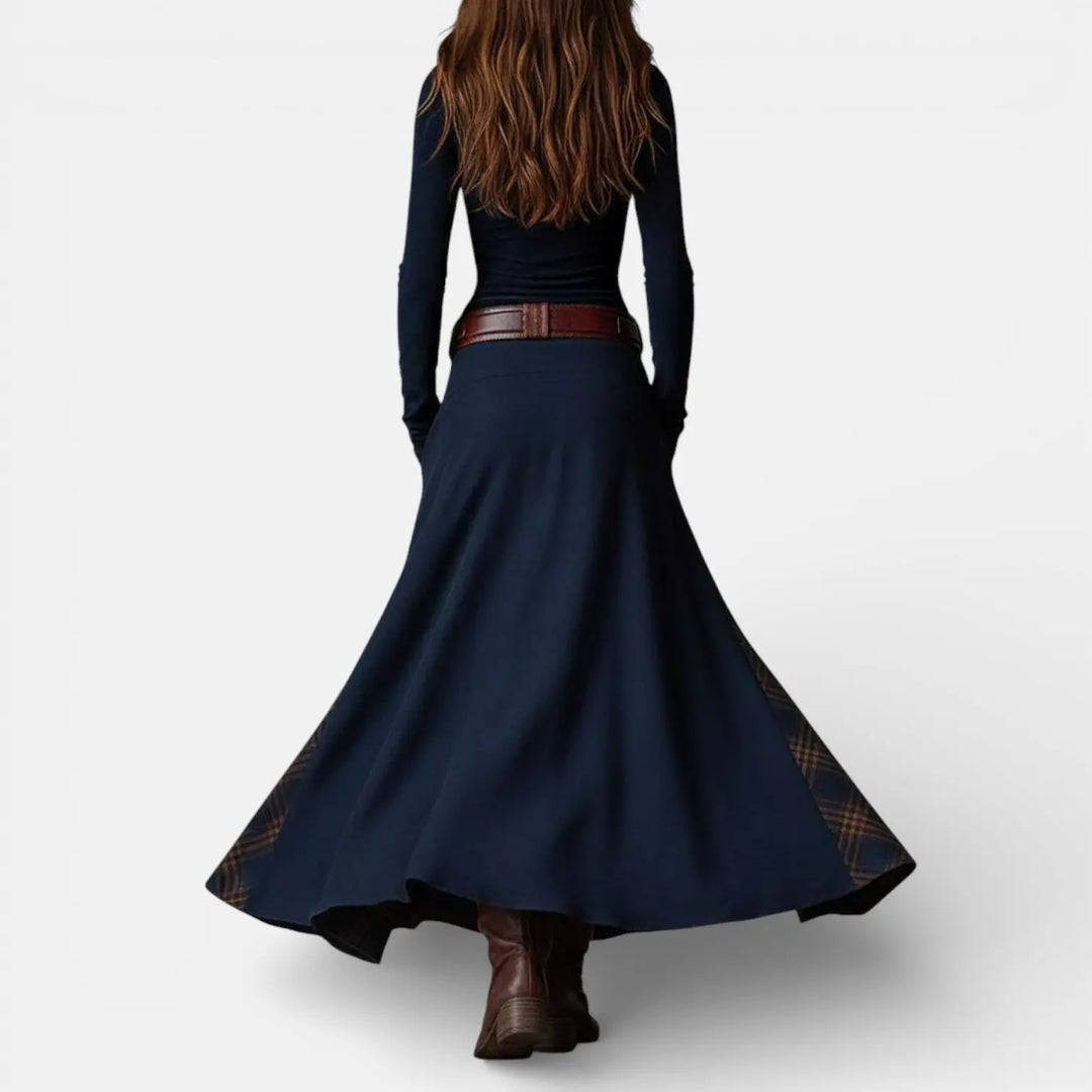Leonora | Vintage Long Dress in Navy Blue Suede Check (Includes Belt) Clara Monroe