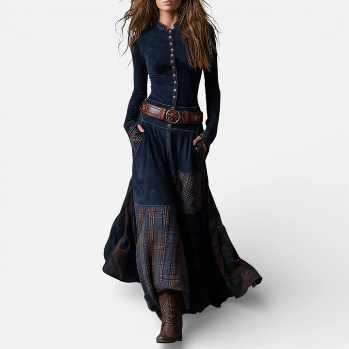 Leonora | Vintage Long Dress in Navy Blue Suede Check (Includes Belt) Clara Monroe