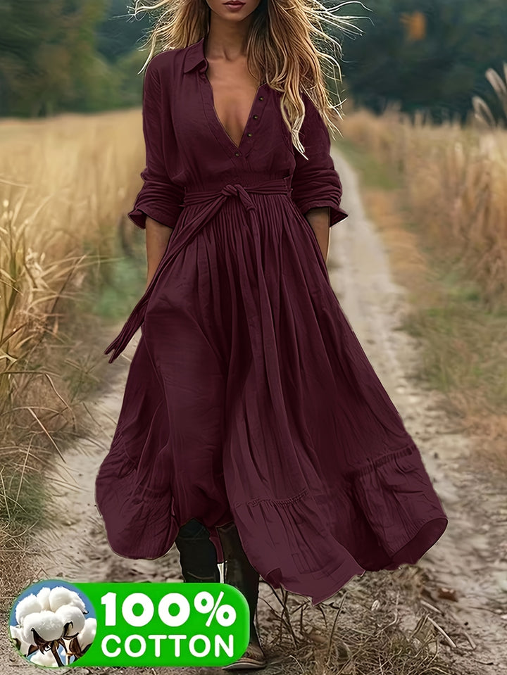Lente Nieuwe Aanwinsten: Puur Elegante Landelijke Casual Relaxed Bosstijl Effen Kleur Kraag Cardigan Lange Mouwen A-Lijn Gerimpelde Lange Jurk voor Vrouwen